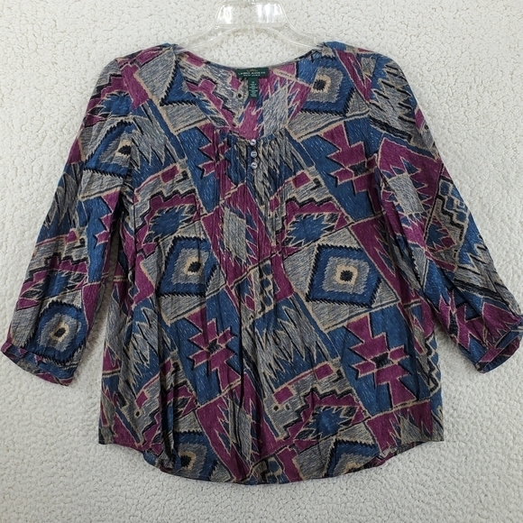 LRL Lauren Ralph Lauren Top Blouse Womens M Blue Purple Abstract 3/4 Sleeve - Picture 12 of 12